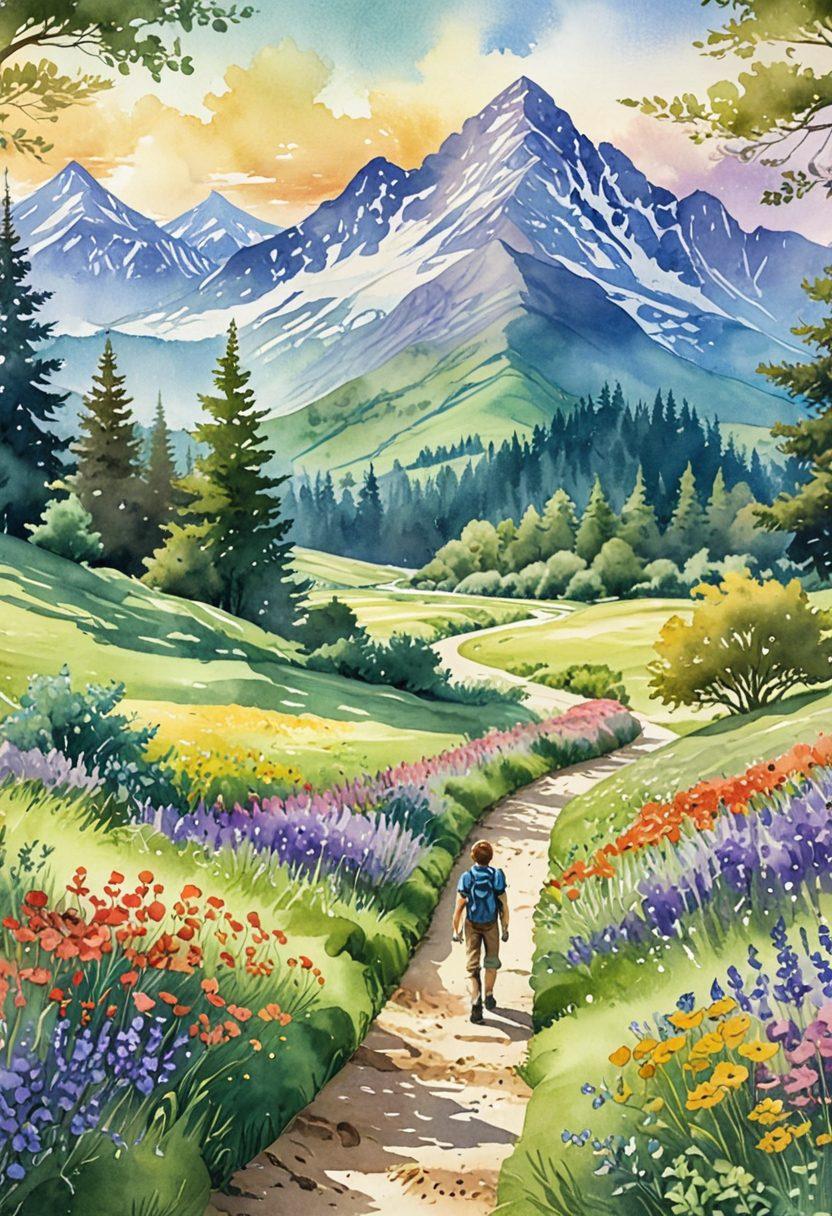 A serene landscape depicting elegant winding pathways through lush green meadows and vibrant flower fields, leading to breathtaking mountain views in the distance. Adventurers with backpacks can be seen exploring, evoking a sense of discovery and joy. Soft sunlight filters through the trees, creating a warm and inviting atmosphere. watercolor painting. vibrant colors. dreamy style.