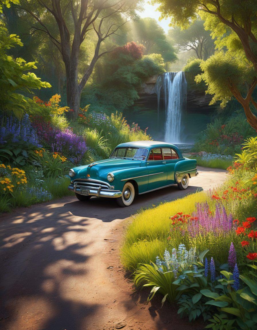 A winding backroad surrounded by lush greenery, dotted with colorful wildflowers, leading to a hidden waterfall cascading into a serene pond. A vintage car is parked nearby, adding a sense of adventure and nostalgia. Sunlight filters through the leaves, casting playful shadows on the path. The scene is vibrant and inviting, perfect for a scenic adventure. super-realistic. vibrant colors. 3D.
