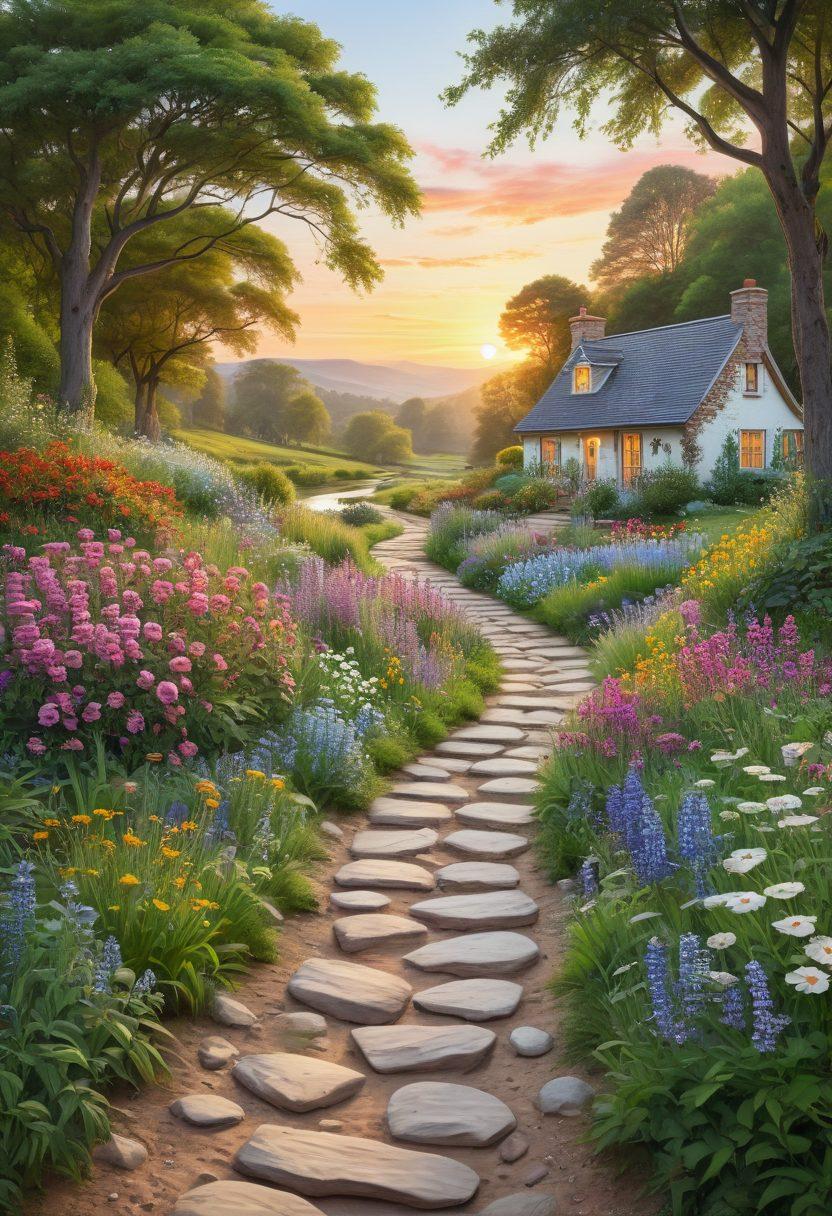 A tranquil landscape showcasing a winding trail flanked by lush green trees and vibrant wildflowers, leading towards a sparkling hidden pond rimming with colorful stones. In the distance, a hint of charming cottages can be seen peeking through the foliage. The sky is painted in soft pastel hues of sunrise, adding a serene atmosphere to the scene. super-realistic. vibrant colors. white background.
